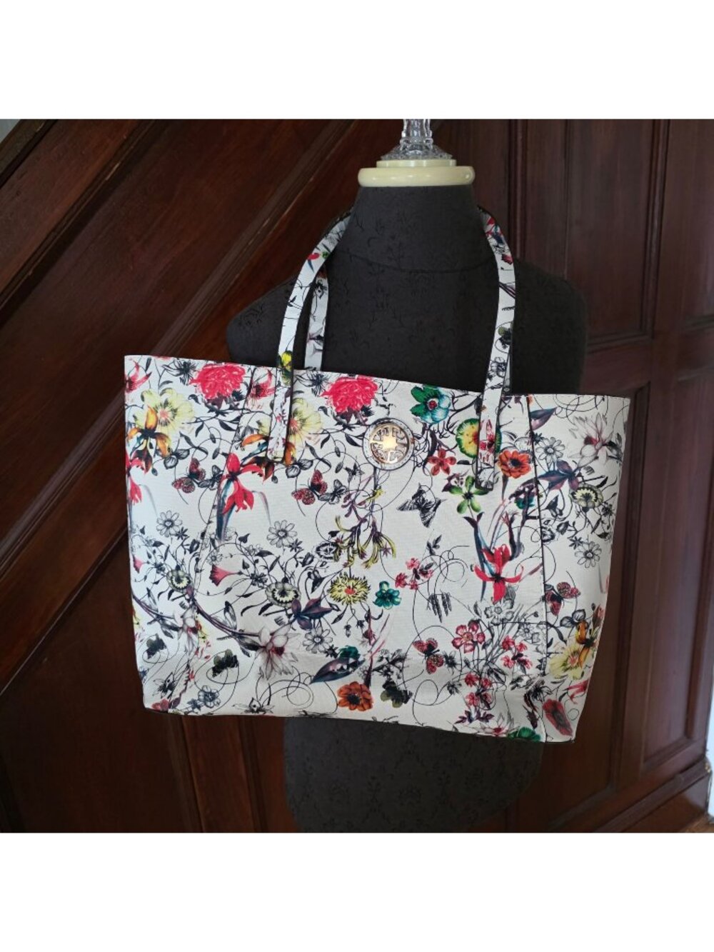 Wildflower Floral Tote Bag White Multicolor Print Gold Tone Logo Zip Pocket